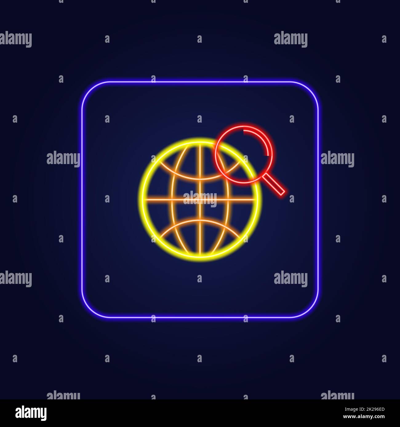 Elegantes gelbes Neonsymbol in einem blauen Rahmen in Form eines Globus - Vektors Stockfoto