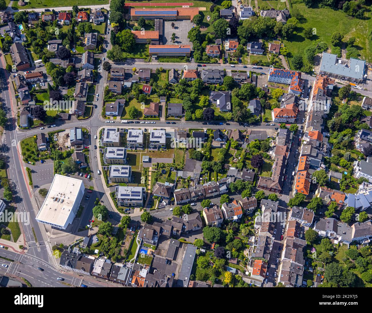 Luftaufnahme, Siedlung Rietzgartenstraße, städtisch. Musikschule, Mitte, Hamm, Ruhrgebiet, Nordrhein-Westfalen, Deutschland, DE, Europa, Eigentum Stockfoto