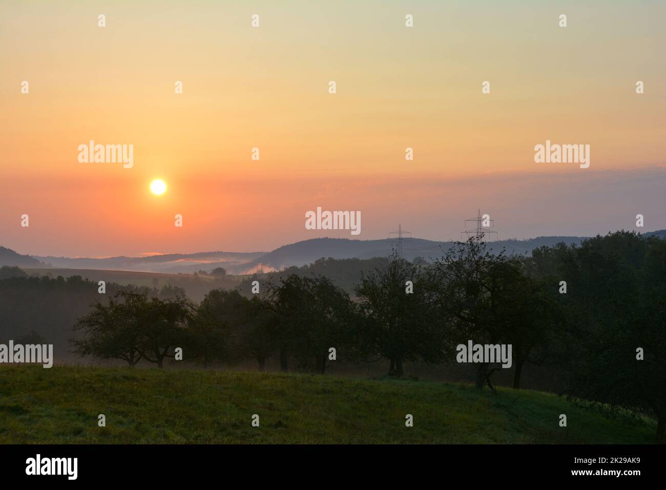 Morgenstimmung bei Sonnenaufgang, hügelige Landschaft mit Bäumen und Nebel Stockfoto
