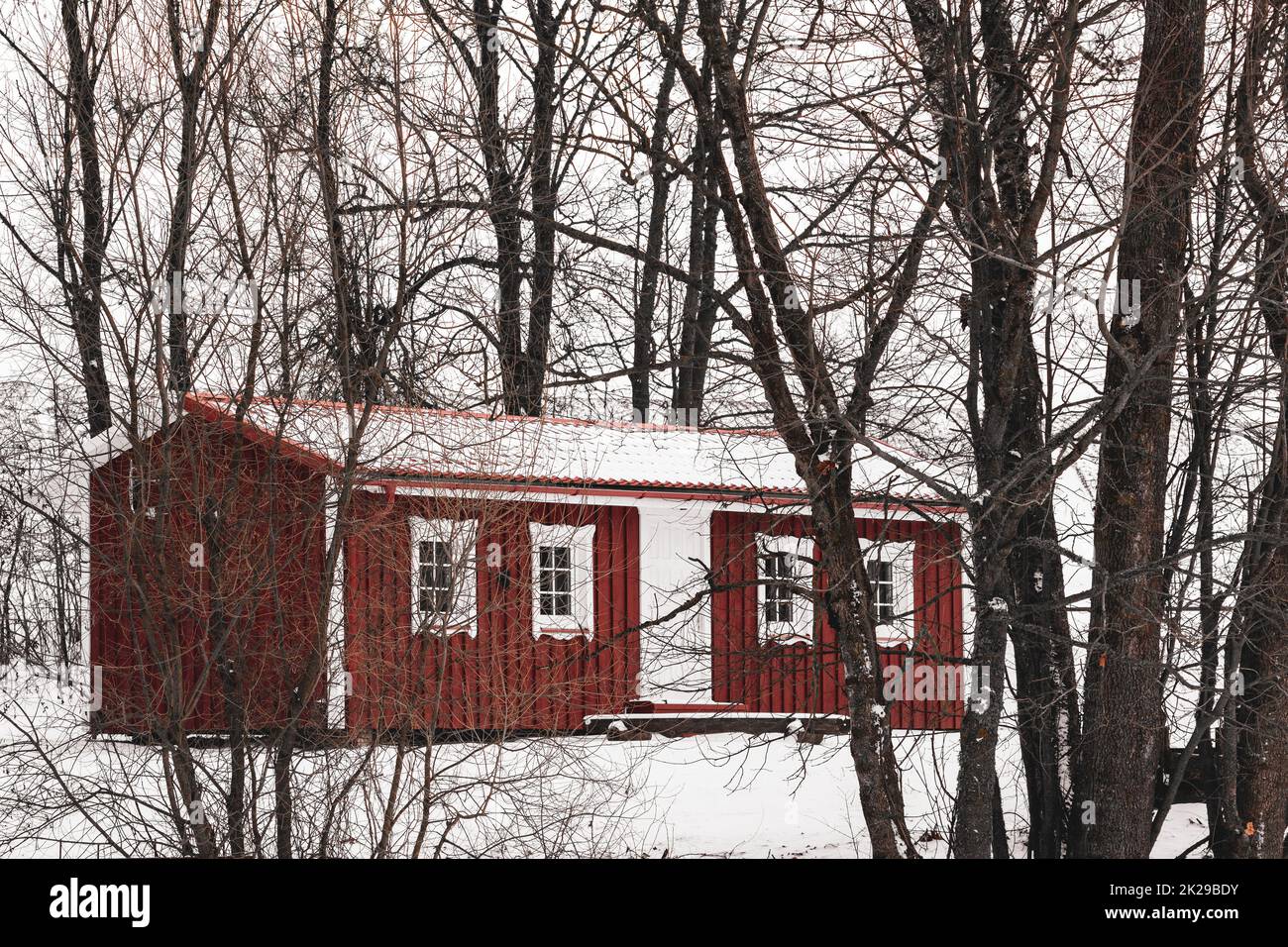 Ein kleines rotes Holzhaus im Wald Stockfoto
