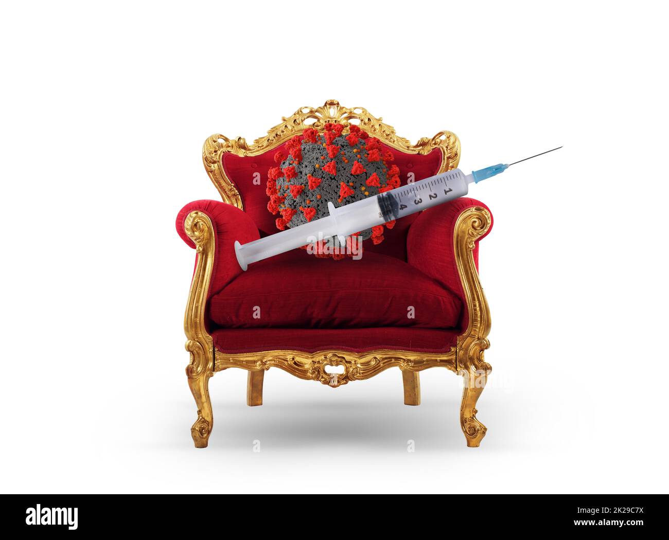 Luxus-Sessel mit Spritze mit dem Impfstoff von Covid-19 Stockfoto