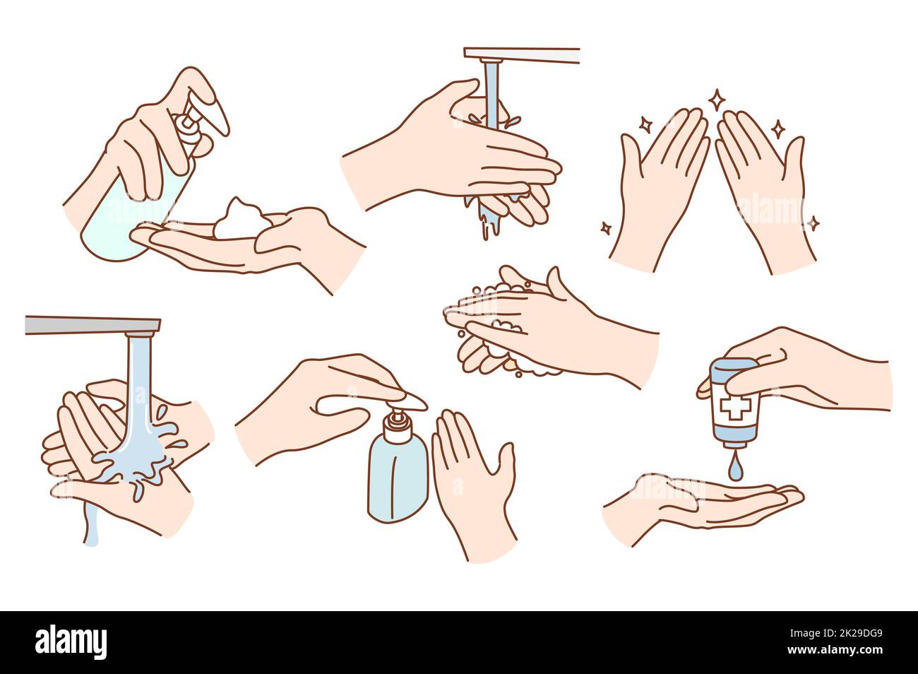 Set von Personen Waschen Sie die Hände desinfizieren Stockfoto