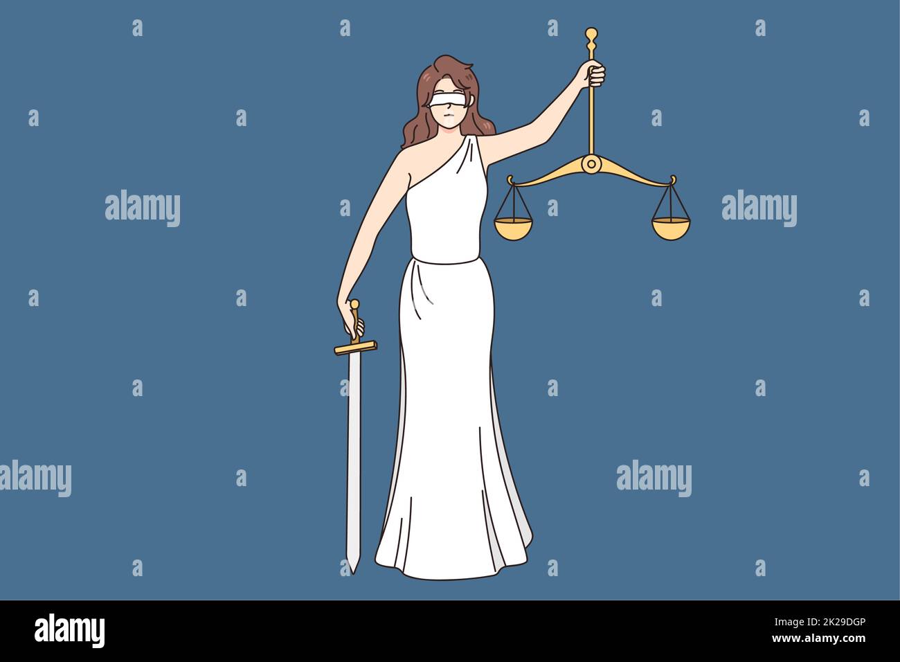Lady Justice mit verbundenen Augen, mit Schwert und Schuppen Stockfoto