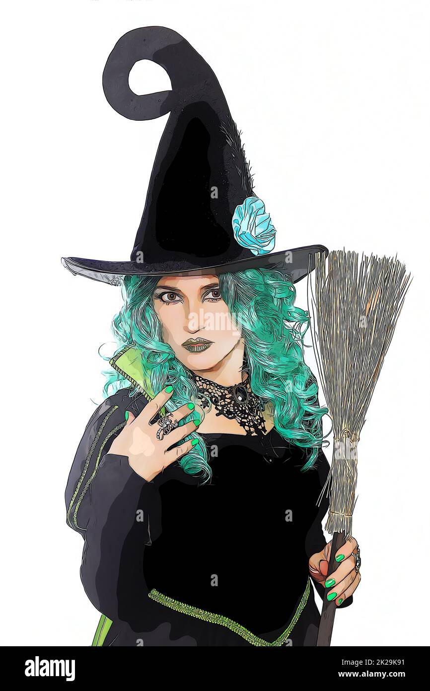 Hexe mit grünem Haar und Besen auf weißem Hintergrund Stockfoto