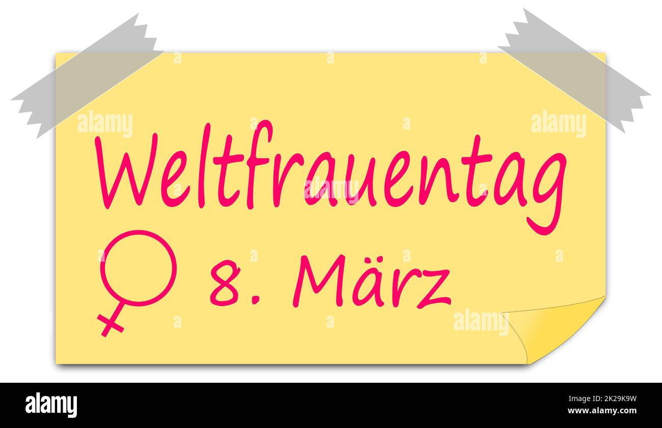 Frauentag auf einer Haftnotiz - 8. März - deutschsprachige â€“-Illustration Stockfoto