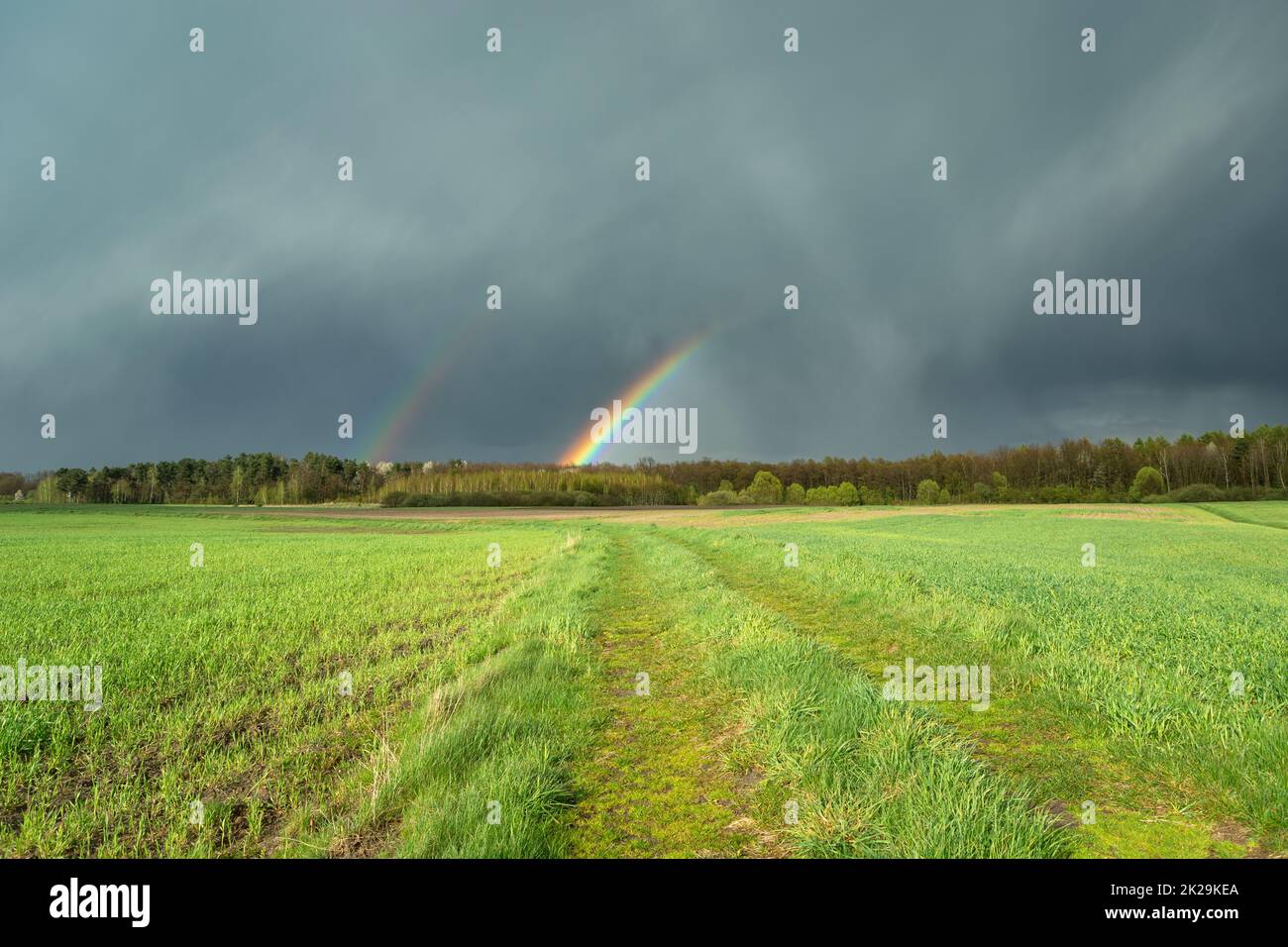 Wolkiger Himmel mit einem Teil eines Regenbogens und einer grünen Wiese Stockfoto