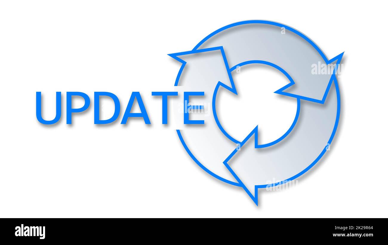 UPDATE-Buchstaben mit isoliertem Update-Zeichen auf weißem Hintergrund – Software-Update Computerprogramm Service Support Stockfoto