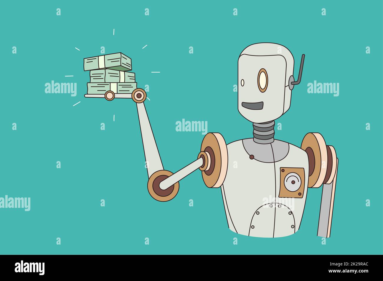 Der alte Roboter hält einen Haufen Geld in den Händen Stockfoto
