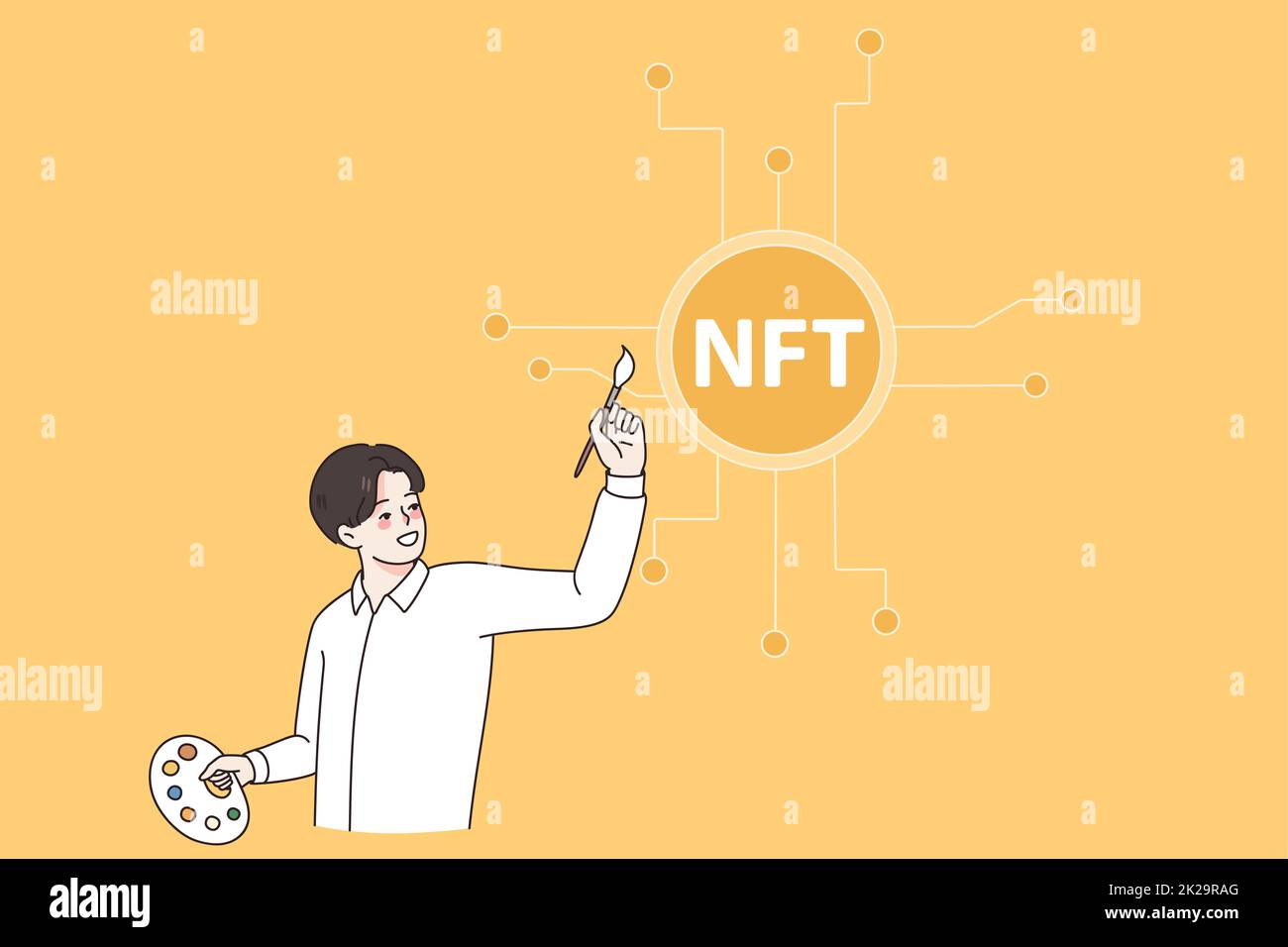 Man malt das NFT-Symbol mit einem Pinsel Stockfoto