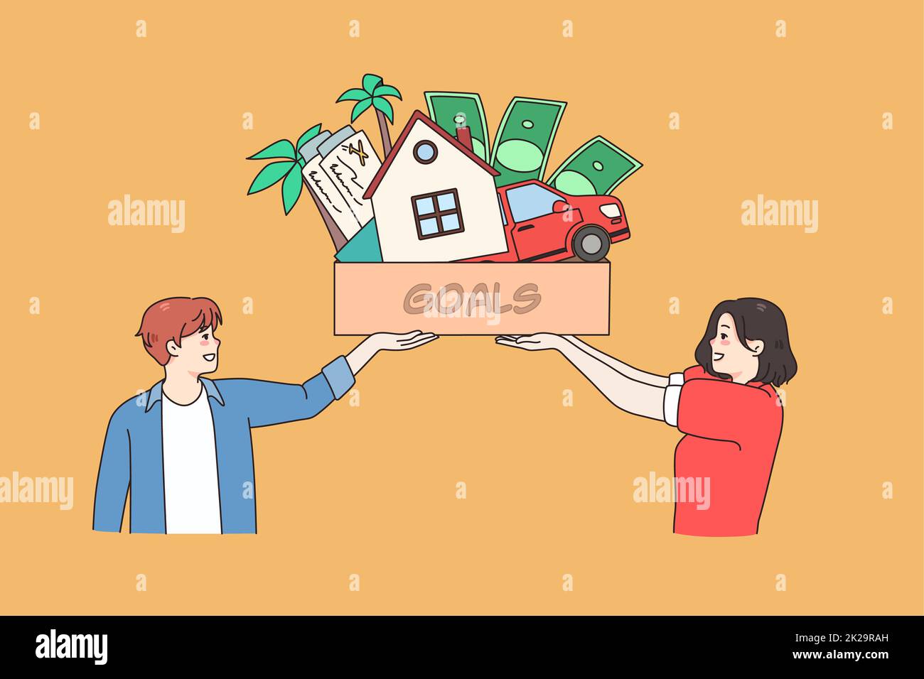 Glücklicher Mann und glückliche Frau träumen vom Erreichen von Zielen Stockfoto