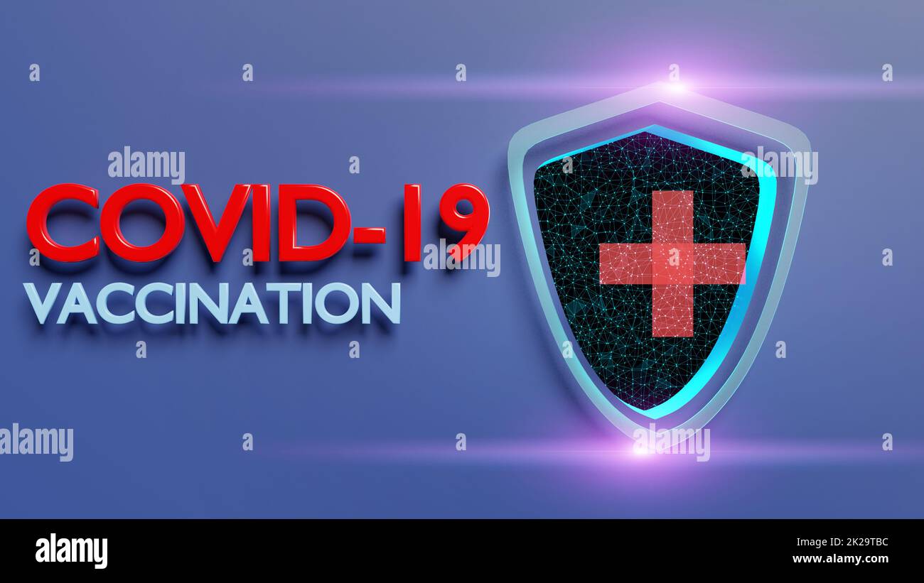 Covid-19-Impfkonzept mit Shield. 3D-Rendering Stockfoto