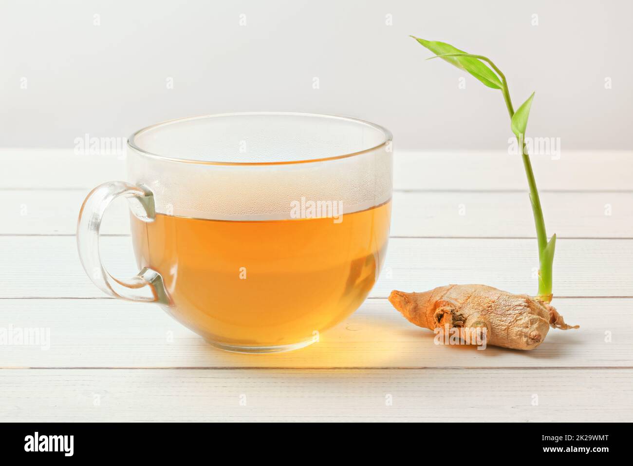 Transparente Tasse mit heißem Tee, nass von Dampf auf Glas, chemische Ingwerwurzel mit Grün sprießen. Stockfoto