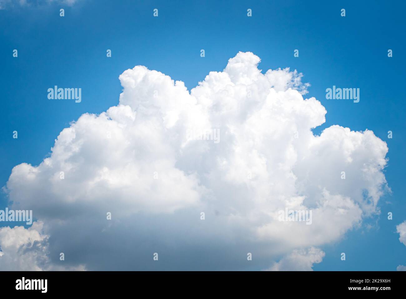 Große SingleCumulonimbus-Wolken. cumulus-Wolke. Geschwollene oder baumwollartige oder flauschige Wolke blauer Himmel weiße flauschige Wolken über blauer Himmelslandschaft. Stockfoto