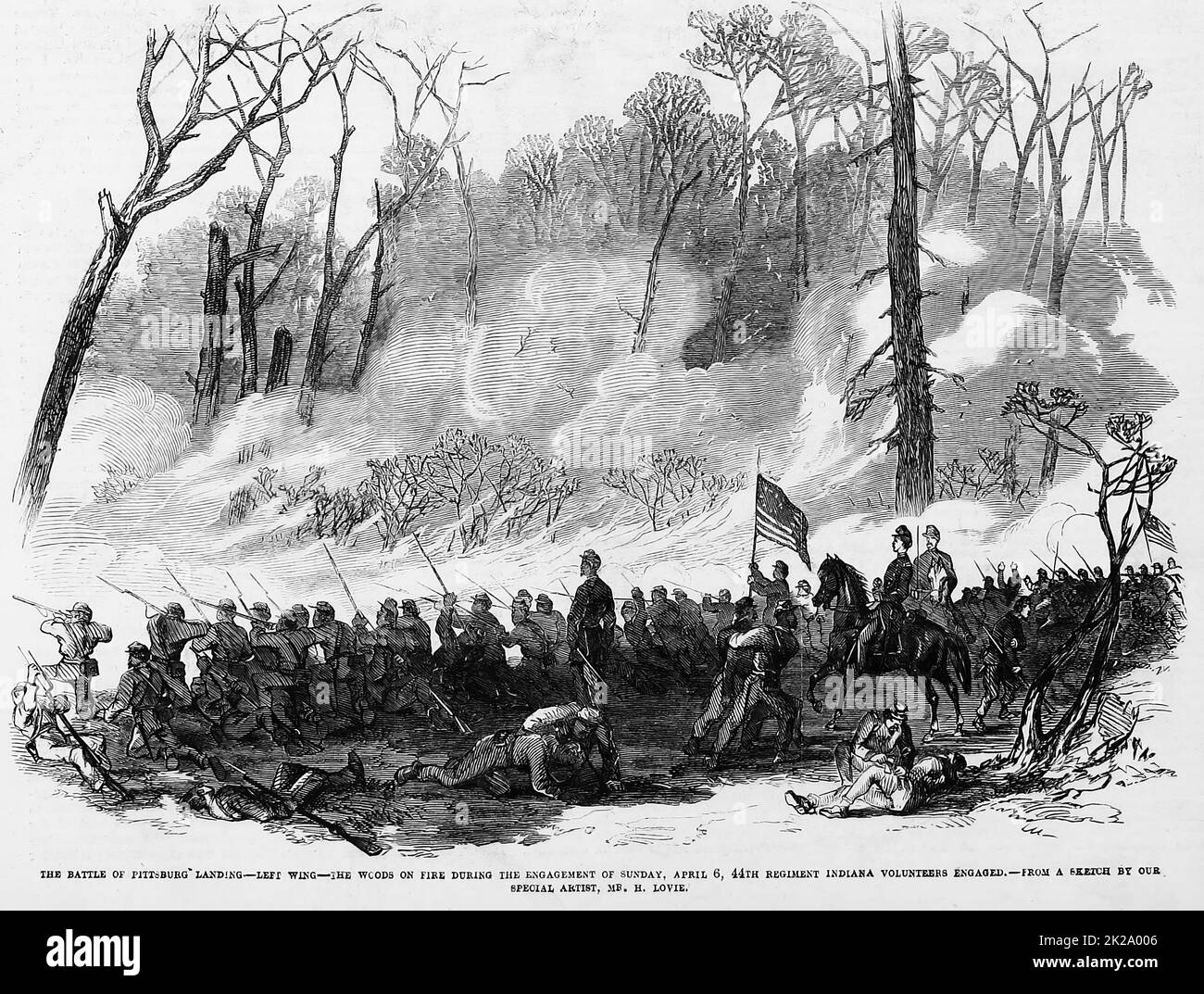 Die Schlacht von Pittsburg Landing - linker Flügel - die Wälder in Brand während der Verlobung vom 6.. April 1862, 44. Regiment Indiana Freiwilligen engagiert. Schlacht von Shiloh. Illustration des amerikanischen Bürgerkriegs des 19.. Jahrhunderts aus Frank Leslie's Illustrated Newspaper Stockfoto