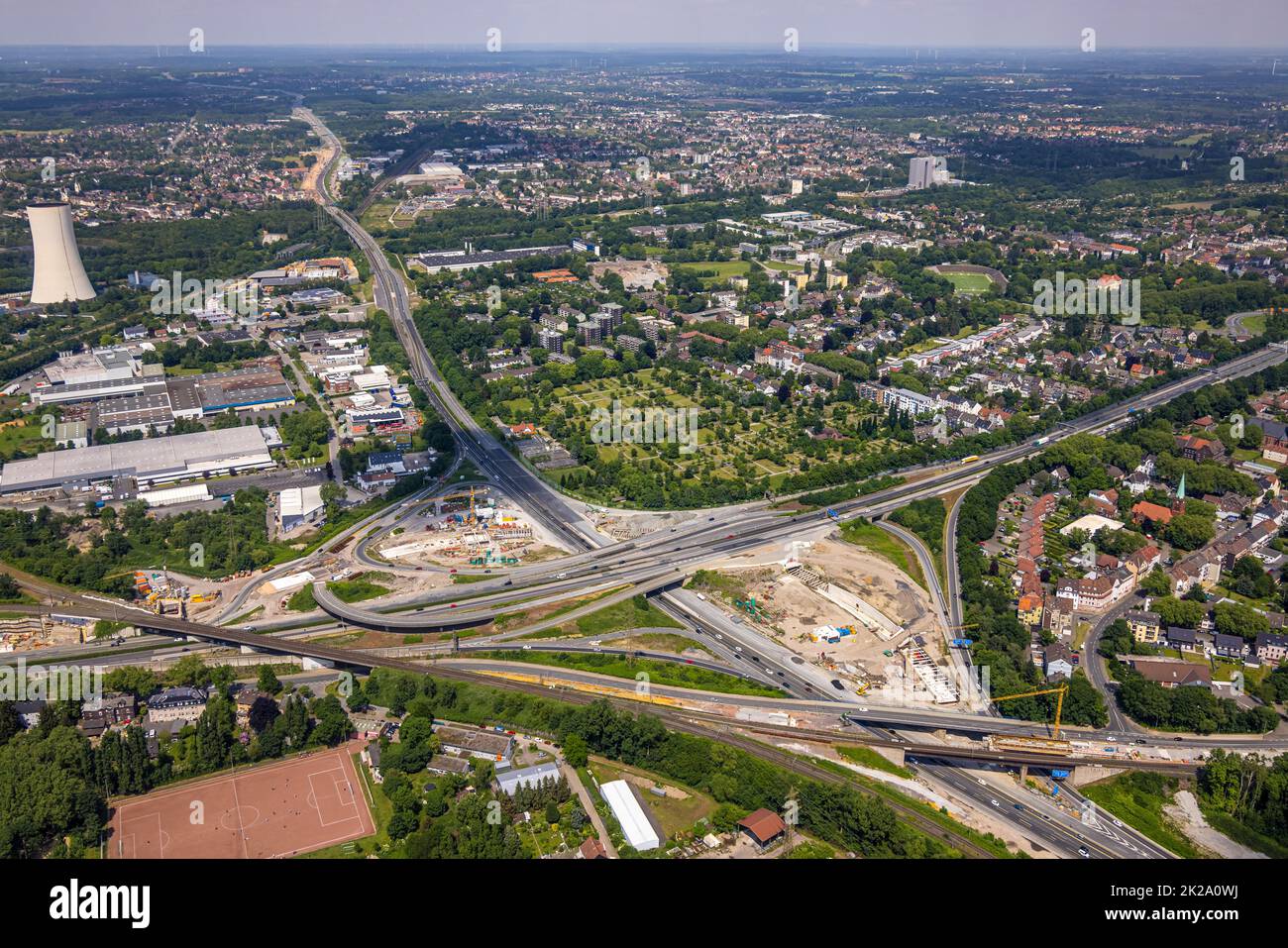 Luftbild, Großbaustelle Kreuz Herne der Autobahn A42 und Autobahn A43, mit Bau des Baukau-Tunnels, Baukau, Herne, Ruhrgebiet, Nordrhein-Westfalen, Deu Stockfoto