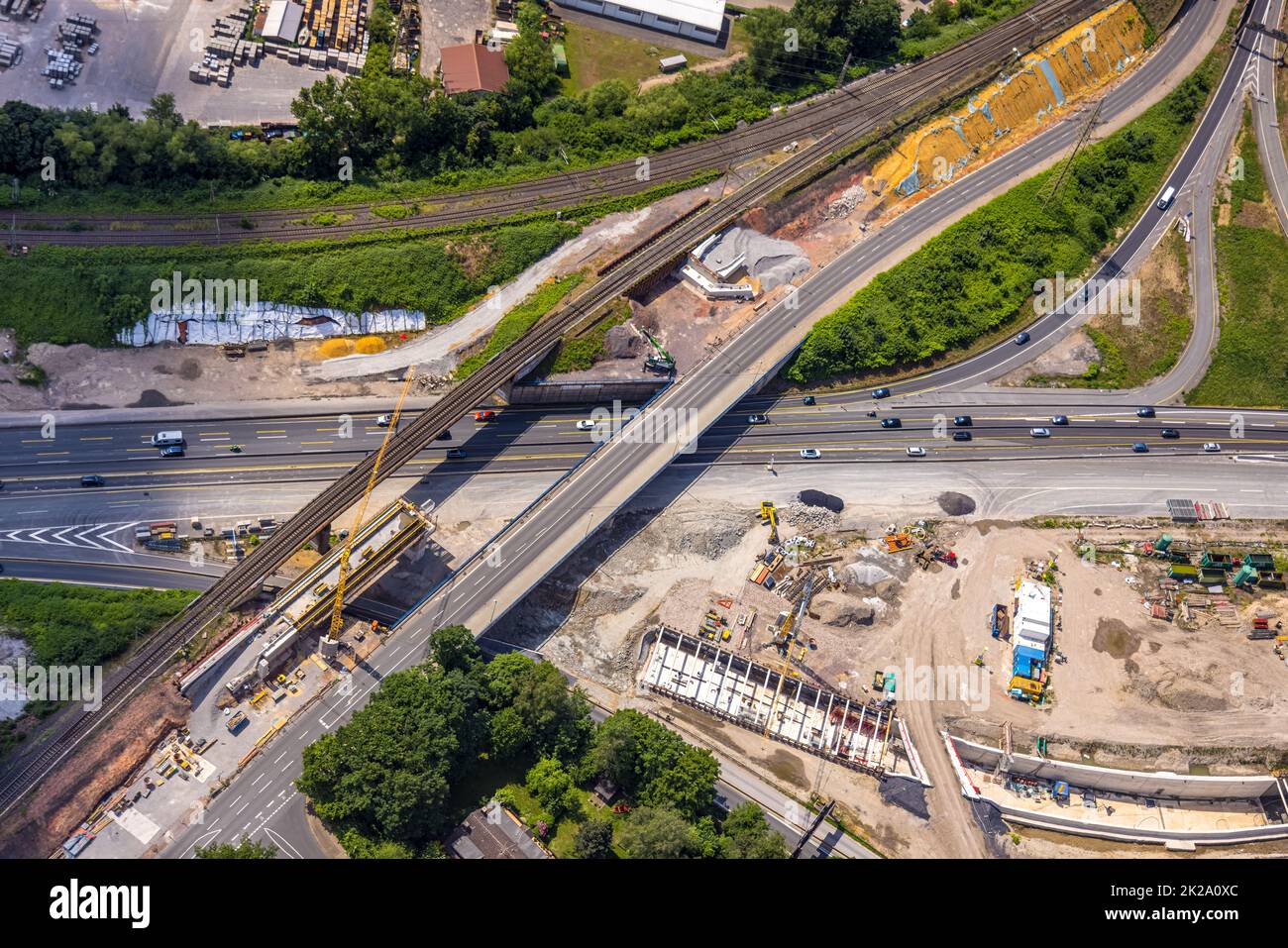 Luftaufnahme, Großbaustelle Kreuz Herne der Autobahn A42 und Autobahn A43, mit Bau des Baukau-Tunnels, Baukau, Herne, Ruhrgebiet, Nord-R Stockfoto