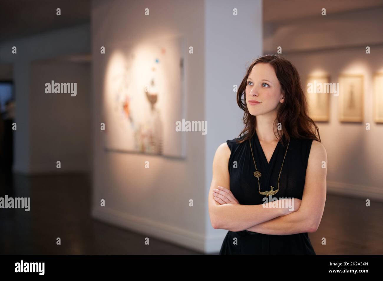 Ein Jahrhundert der Kunst. Aufnahme einer jungen Frau, die in einer Galerie Gemälde ansieht. Stockfoto