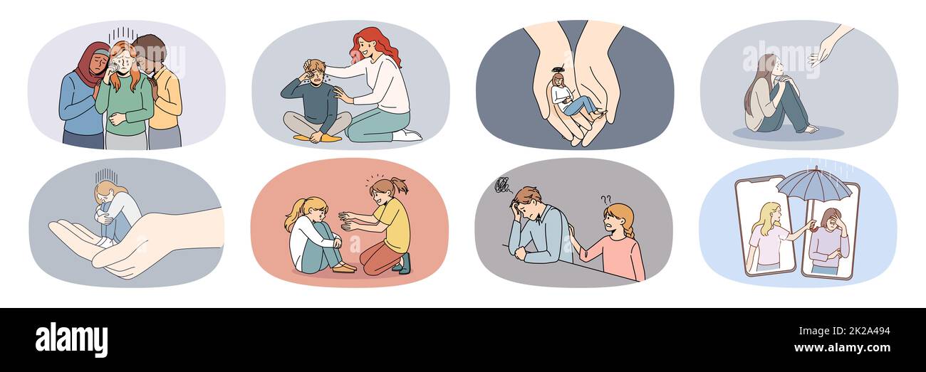 Eine Reihe depressiver Menschen leiden an Hilfe und Unterstützung Stockfoto