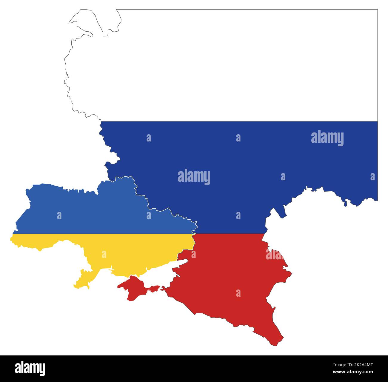 Karte der Ukraine und Russlands mit Nationalflagge Stockfoto