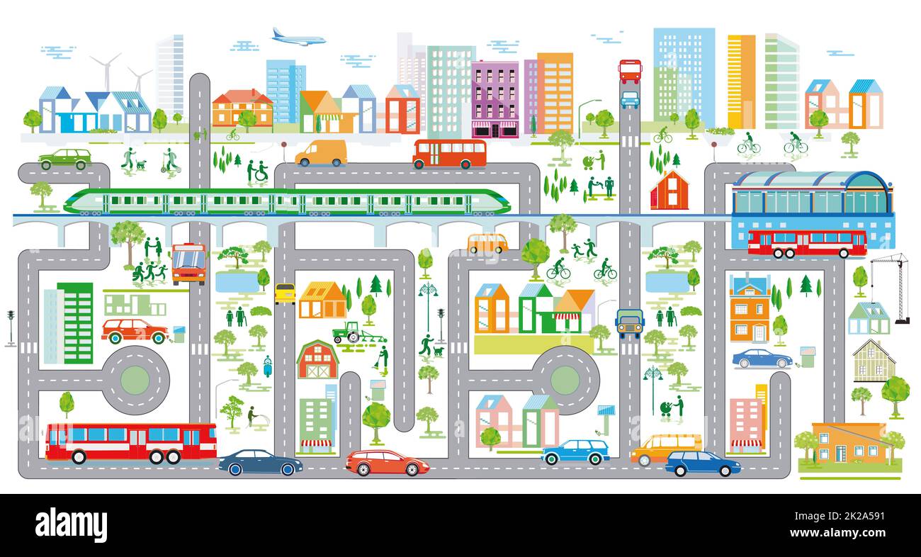 Stadtplan mit Straßenverkehr und Häusern, Infografik, Illustration Stockfoto