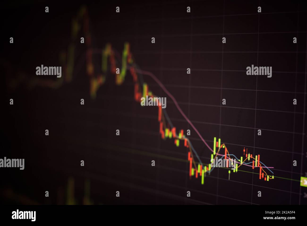 Digitaler Bildschirm mit Finanzhandelsdiagramm und Preistrend bei Kryptowährungen. Stockfoto
