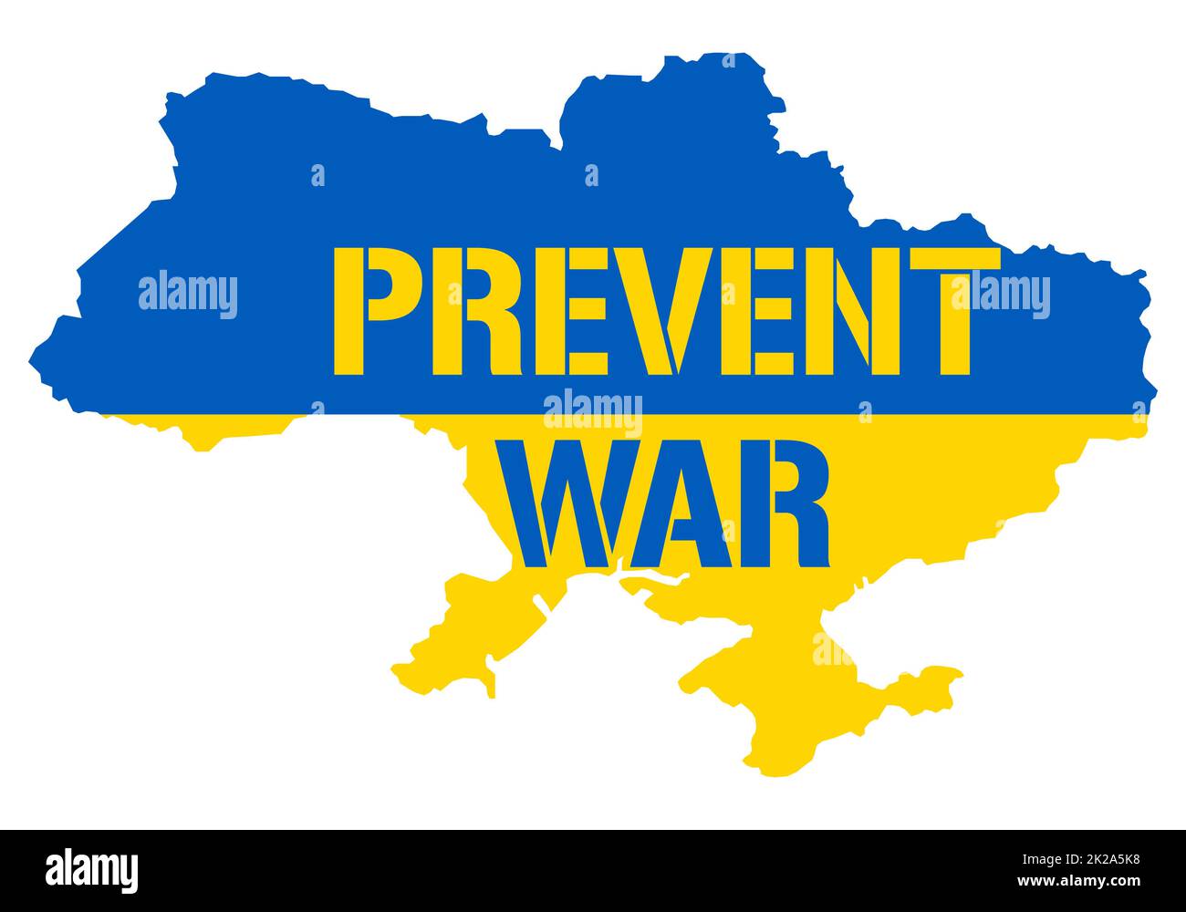 Verhindern Sie Krieg im Ukraine-Land. Konzept in Form einer ukrainischen Karte mit einer Inschrift mit Botschaft zum Präventionskrieg. Freiheit und Frieden für die Ukraine vor den Eingriffen des russischen Aggressors Stockfoto