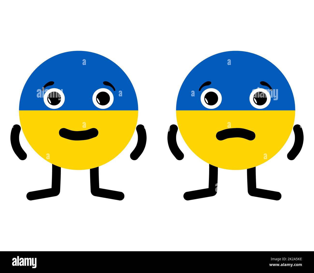 Zwei Zeichen in Form der ukrainischen Nationalflagge. Glückliches und trauriges Cartoon-Emoticon wird als Ukraine dargestellt. Süße Emoji-Gesichter symbolisieren die Situation im Land während militärischer Operationen. Stockfoto