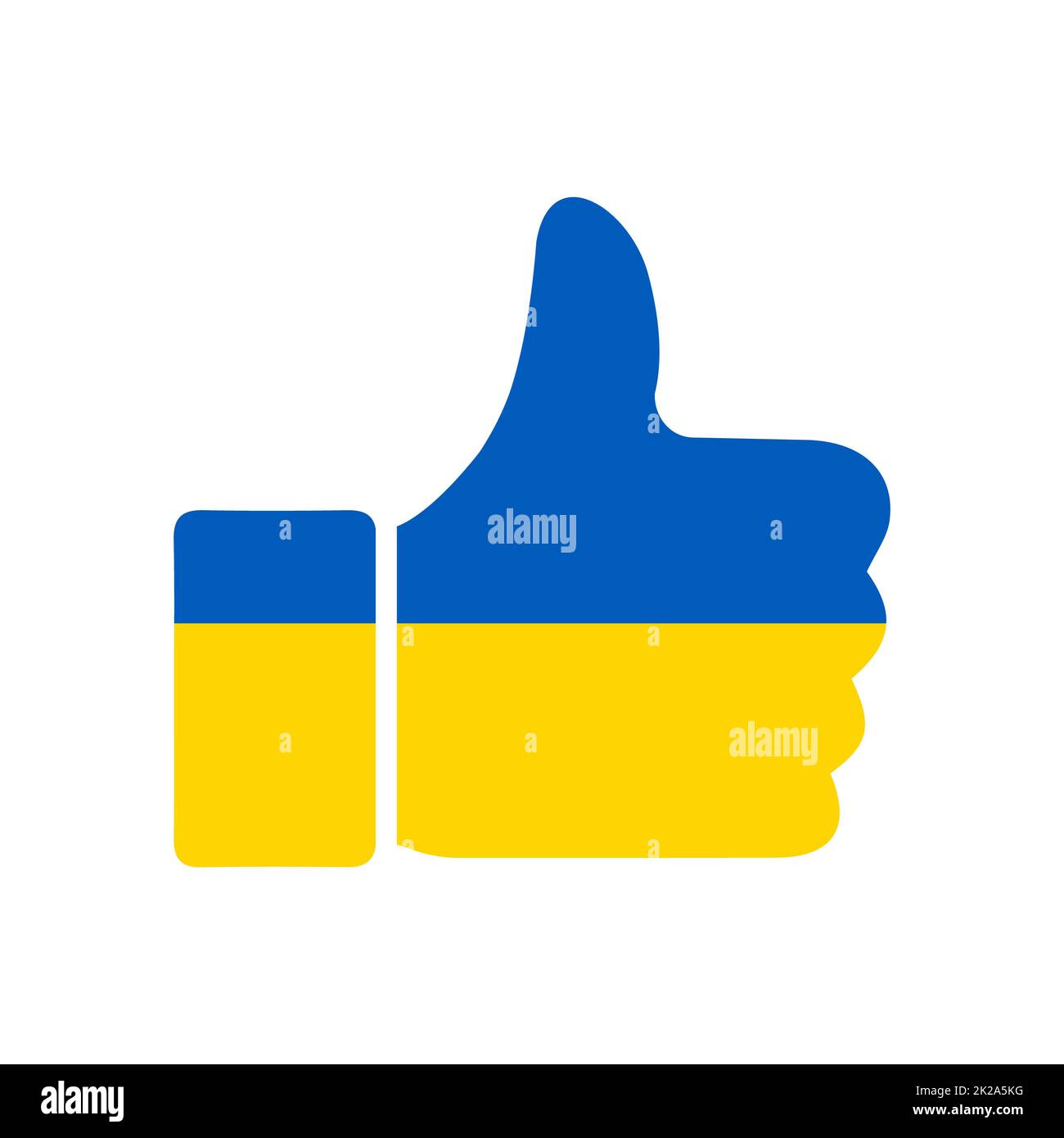 Wie Die Ukraine. Konzeptionelle Ikone in Form von Daumen nach oben, farbig in den Farben der ukrainischen Flagge, um das Land gegen die Aggression Russlands zu unterstützen. Logo zur Unterstützung der Nation und des Militärs. Kein Krieg Stockfoto