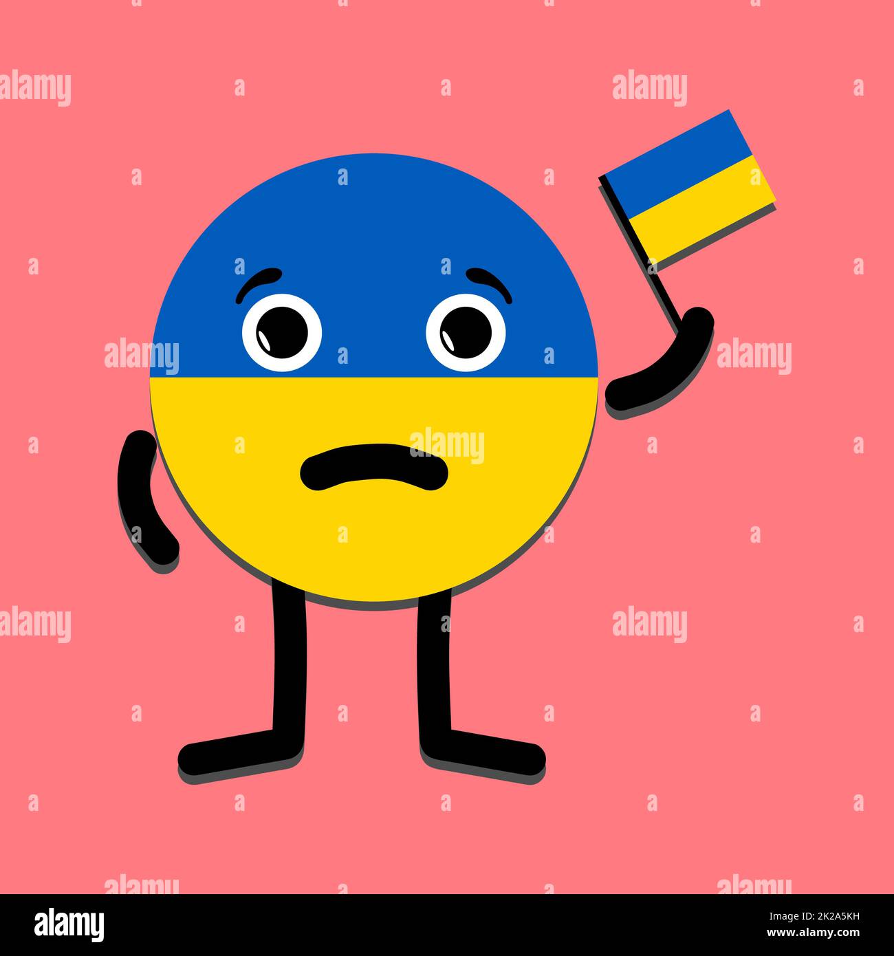 Ein trauriges ukrainisches Land wird als eine Figur dargestellt, die eine Nationalflagge in der Hand hält. Das Konzept der Unabhängigkeit des Landes und der Protest gegen Krieg und Konflikt mit einem Nachbarstaat. Stockfoto