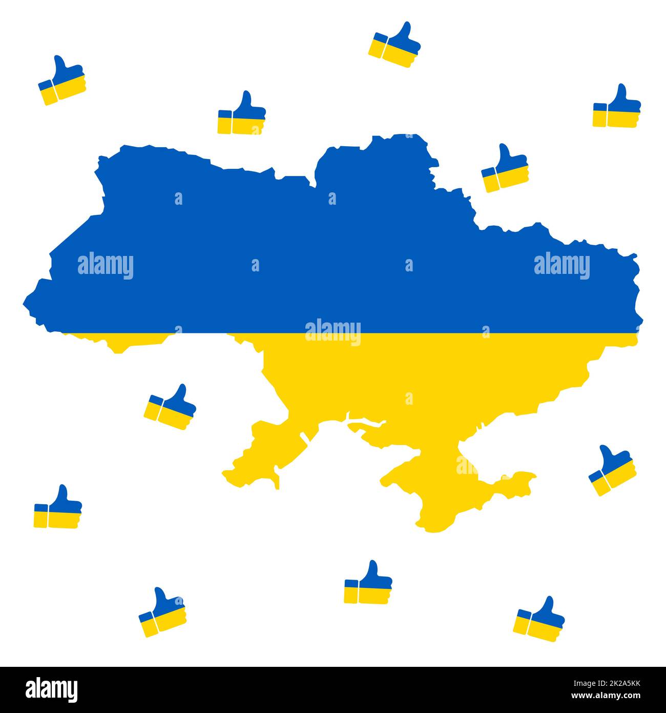 Wie eine Karte der Ukraine. Konzeptionelle Ikone in Form von Daumen nach oben, farbig in den Farben der ukrainischen Flagge, um Land, Nation und Militär gegen Aggression aus Russland zu unterstützen. Verhindern Sie den Weltkrieg. Stockfoto
