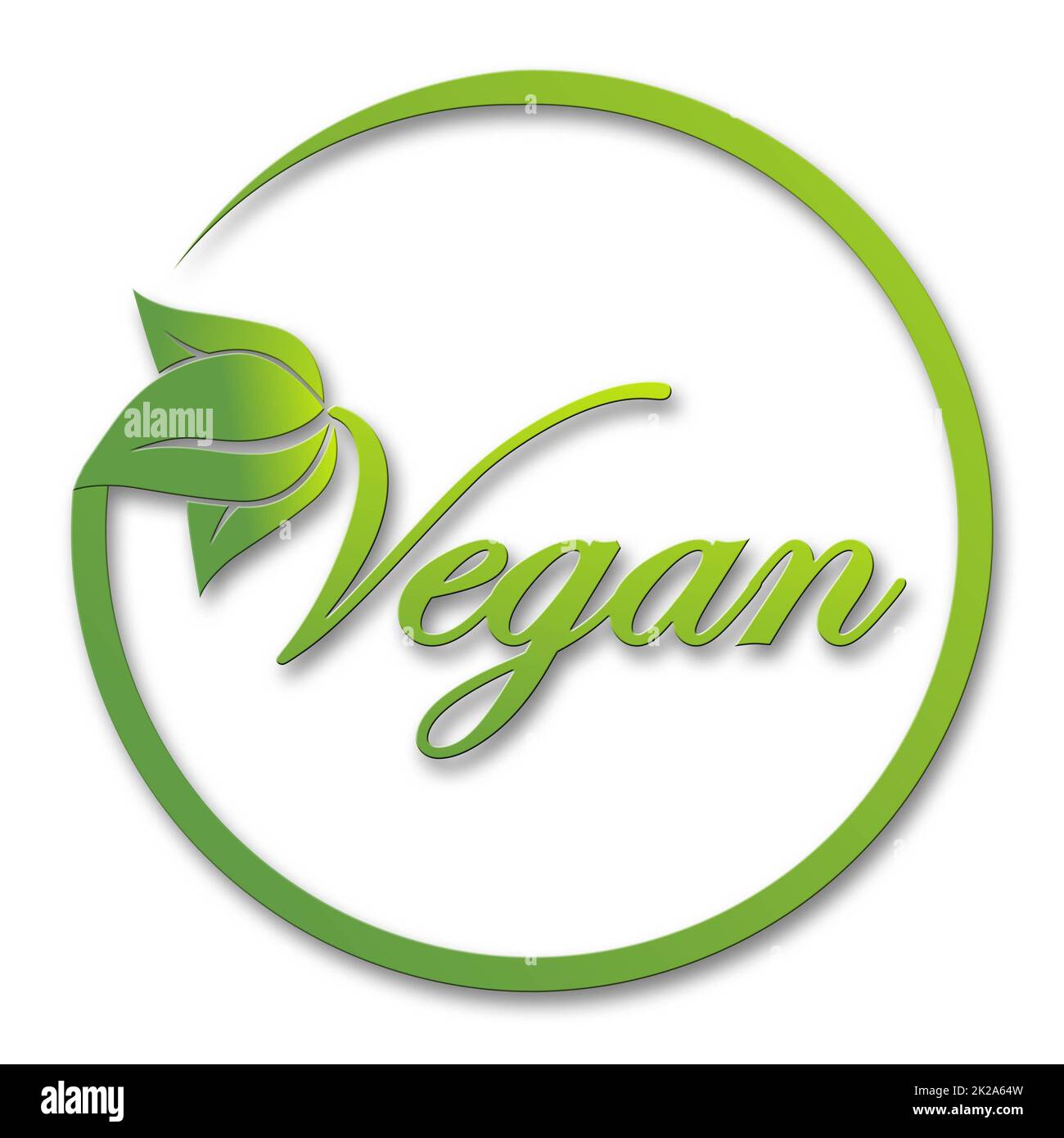 Text Logo Veganisches Konzept - Veganisches Essenssymbol - Grüne Schrift im trendigen Stil mit blattförmigen Pflanzenelementen und Rahmen - isoliert auf weißem Hintergrund Stockfoto