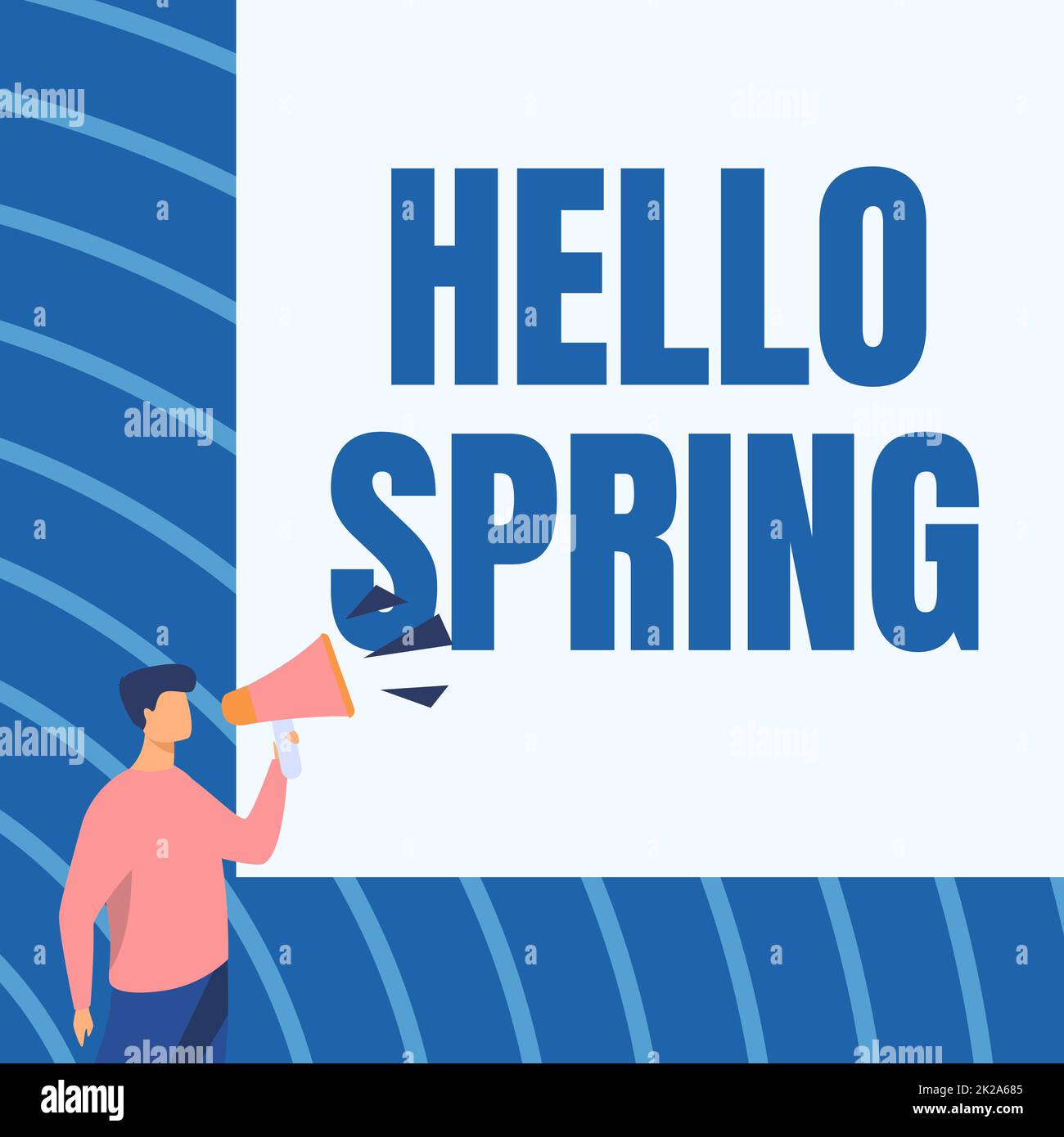 Schild mit der Aufschrift „Hello Spring“. Geschäftsansatz Begrüßung für die frischen Pflanzen und blühenden Blumen Geschäftsmann Drawing spricht über Megaphone und macht neue Ankündigung. Stockfoto