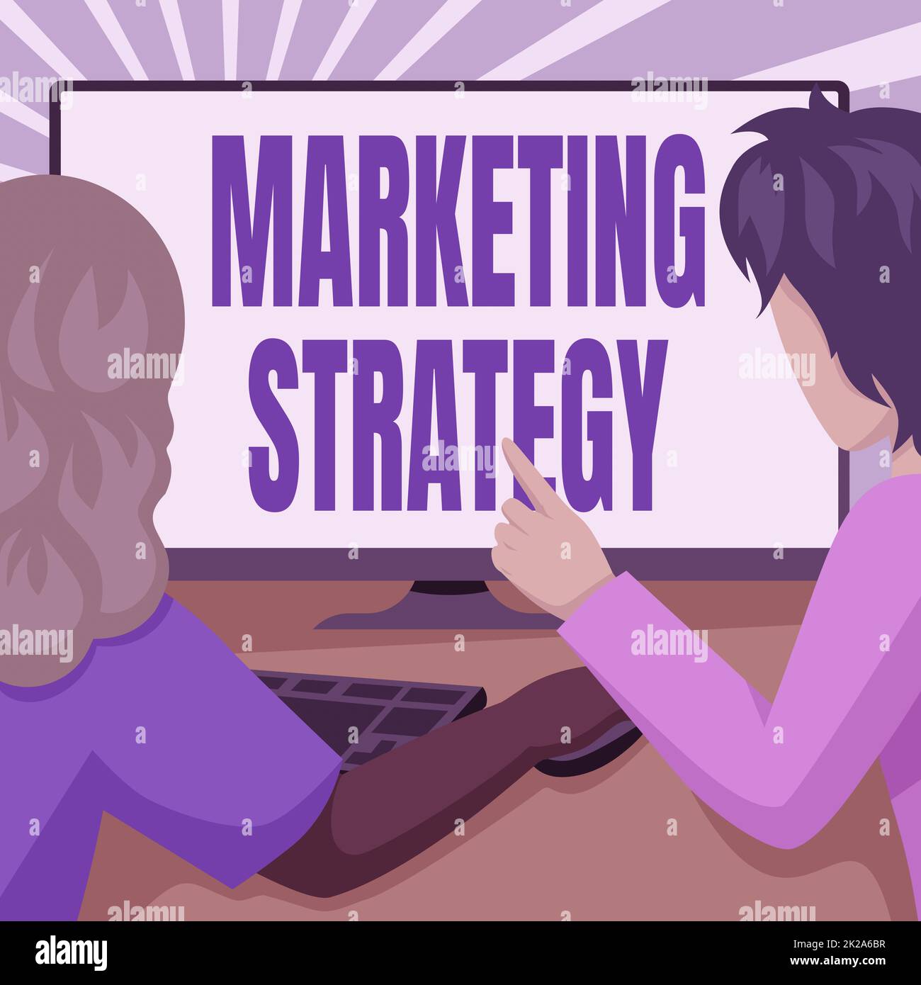 Textüberschrift zur Präsentation der Marketingstrategie. Geschäftskonzept Maßnahmenplan zur Förderung und zum Verkauf von Zeichnungen von Produktpaaren mit Desktop-Computern zur Erledigung ihrer Arbeit. Stockfoto