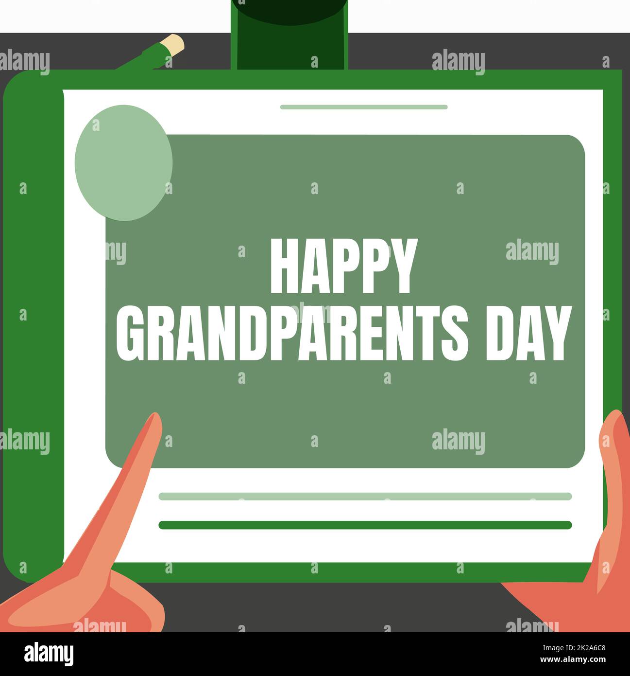 Handschrifttext Happy Grandparents Day (alles gute zum Großelterntag). Konzeptfoto Ältere oder Senioren feiern Illustration Einer Hand mit Big Tablet Suche Pläne für neue faszinierende Ideen Stockfoto