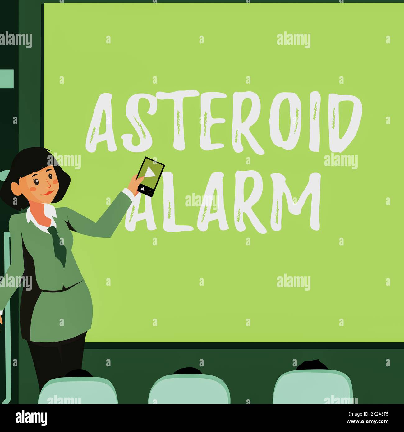 Textbeschriftung mit Asteroid-Alarm. Das Wort, das geschrieben wurde, um die Städte in einem Weltraumfelsen vorzubereiten, ist die Flugroute Frau mit Fernsteuerung, die die neuesten Ideen auf der Leinwand präsentiert. Stockfoto