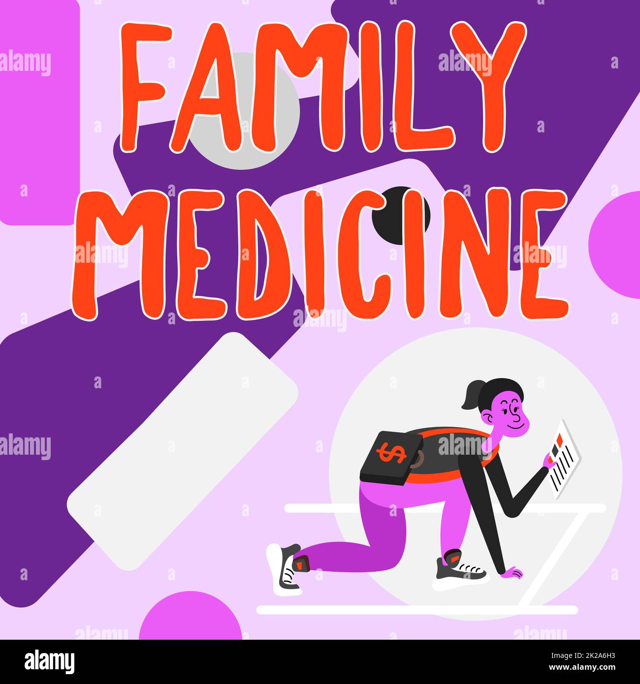 Handgeschriebenes Schild Familienmedizin. Wort für entwickelt, um Familienmitgliedern grundlegende Gesundheitsfürsorge zu bieten Frau trägt Aktentasche Lesen Zeitungen Vorbereitung auf Investitionen. Stockfoto