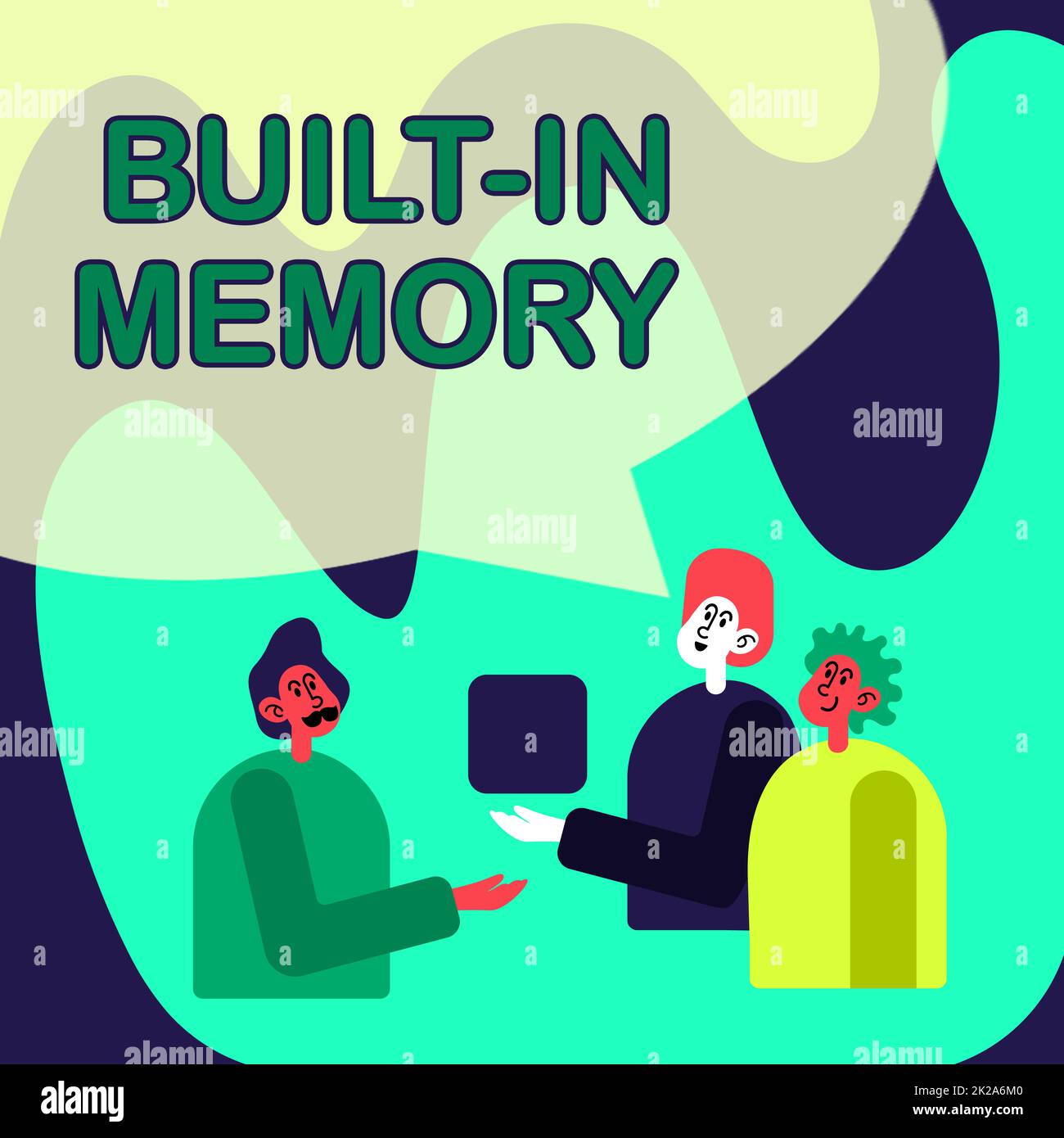 Inspiration mit Schild „Built in Memory“. Ein Gerät oder eine Funktion mit Internetkonzept ist Teil von IT-Kollegen, die Cube für Teamwork bei der Besprechung eines zukünftigen Projekts präsentieren. Stockfoto