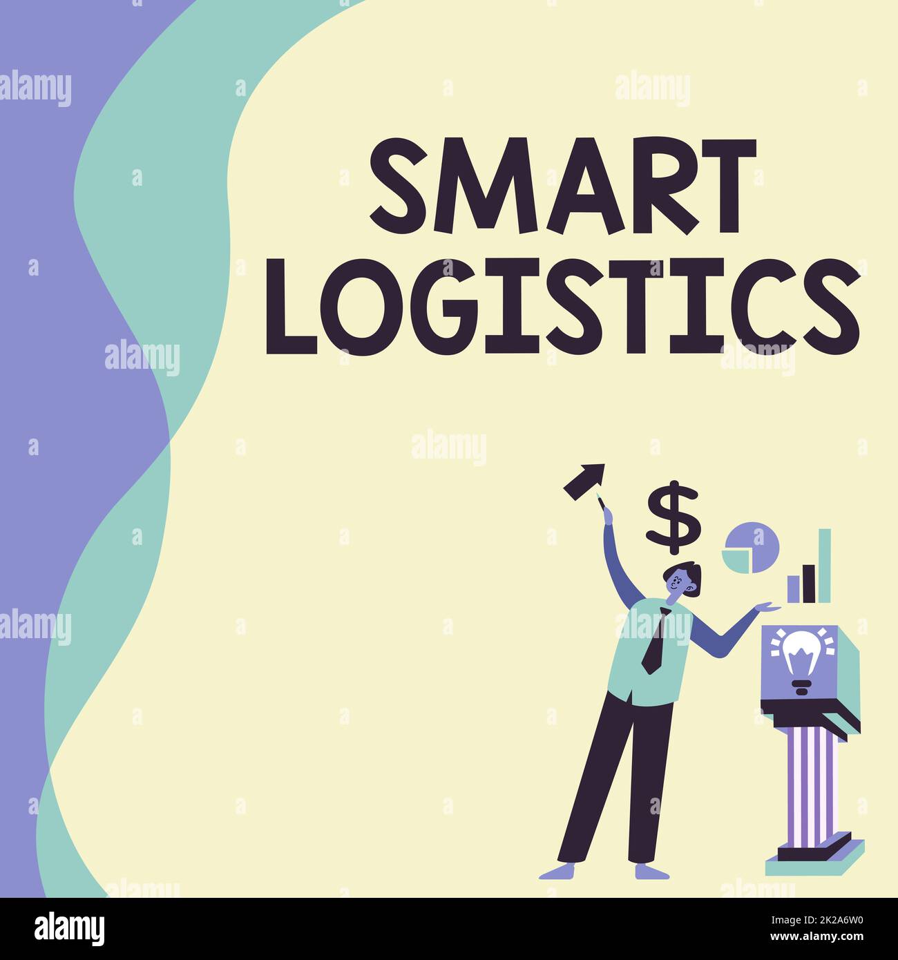 Inspiration mit dem Schild Smart Logistics. Internet-Konzept Integration intelligenter Technologie in das Logistiksystem ManStand Alone präsentiert Charts und New Financial Ideas auf dem Podium. Stockfoto