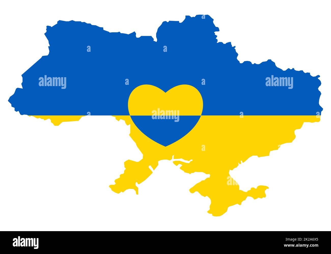 Ukrainische Karte mit Herzsymbol. Abstrakte patriotische ukrainische Flagge mit Liebessymbol. Blaue und gelbe konzeptionelle Idee - mit der Ukraine im Herzen. Unterstützung des Landes während der Besatzung. Beenden Sie den Krieg. Stockfoto