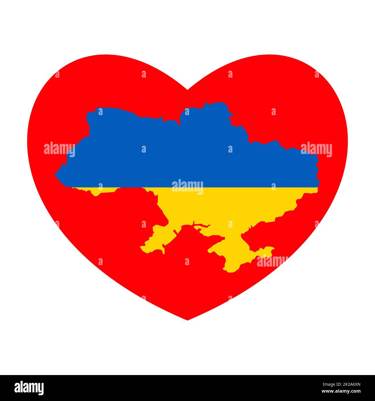 Karte mit rotem Herz und Ukraine. Abstrakte ukrainische blaue gelbe Flagge mit Liebessymbol. Konzeptionelle Idee - mit der Ukraine im Herzen. Patriotische Unterstützung des Landes während der Besatzung. Bete für die ukraine. Stockfoto