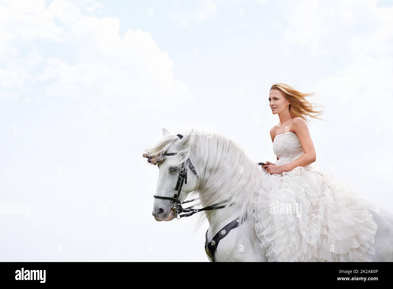 Sie kam zu ihrer Hochzeit auf dem Pferderücken. Eine attraktive junge Braut draußen mit ihrem Pferd. Stockfoto