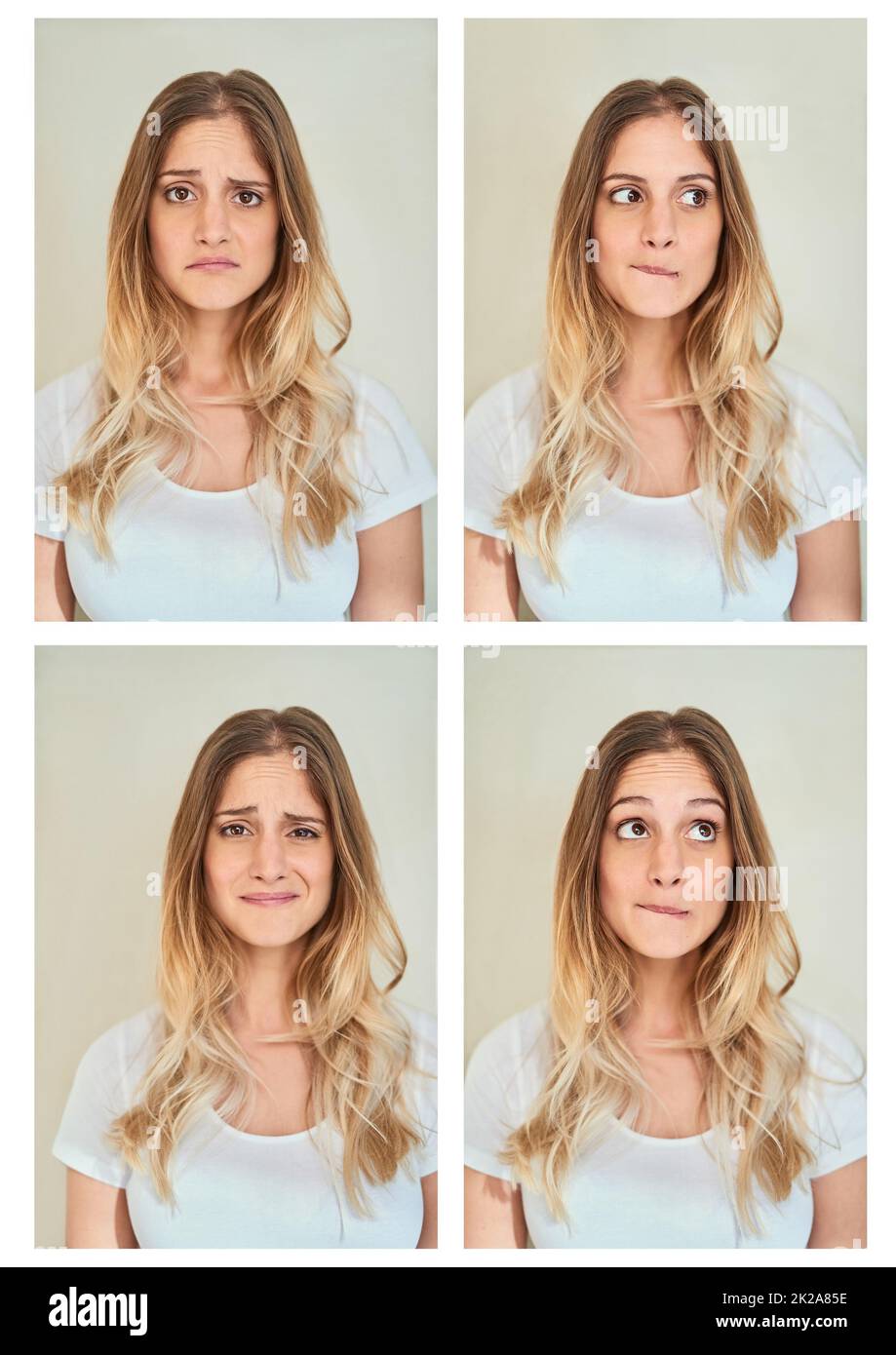 Lasst mich das durchdenken Zusammengesetzte Aufnahme einer jungen Frau, die im Studio verschiedene Gesichtsausdrücke macht. Stockfoto
