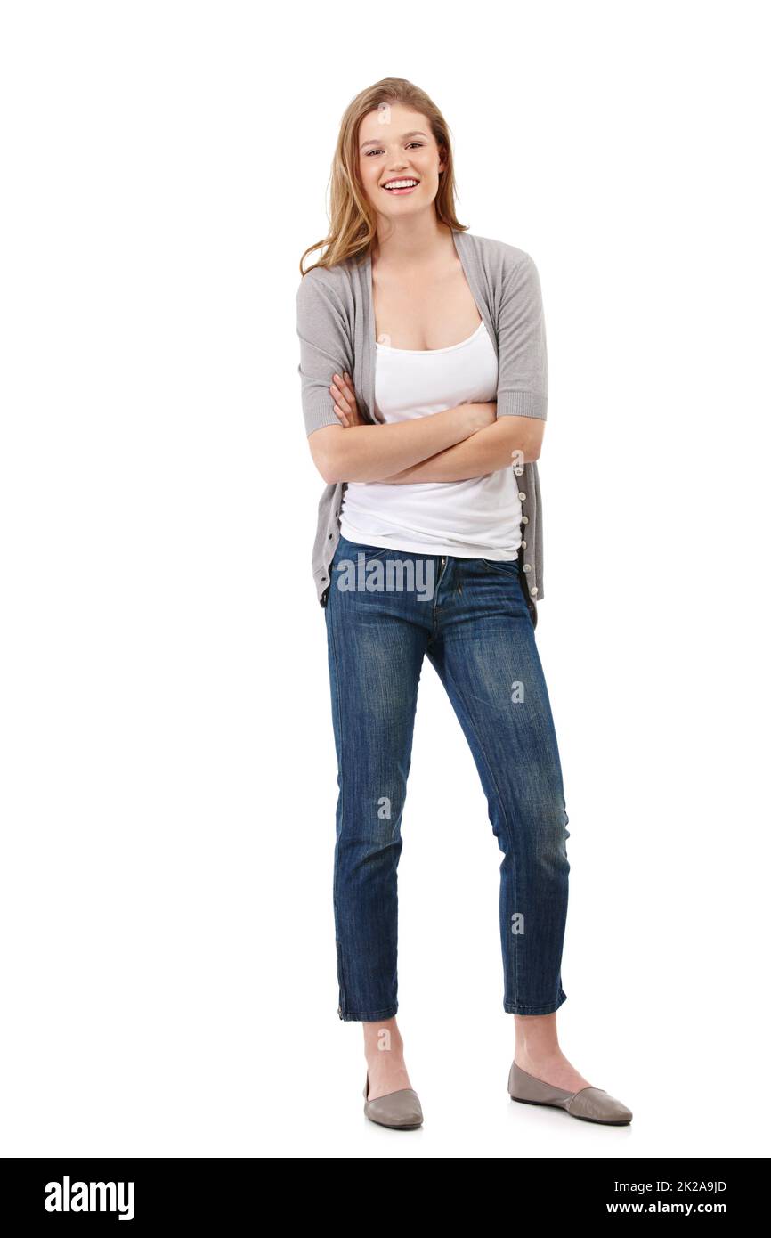 Positiv überzeugt. Studioporträt einer attraktiven jungen Frau, die mit ihren Armen isoliert auf Weiß stehend. Stockfoto