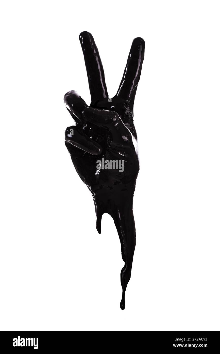 Frieden raus. Schwarze Farbe umreißt eine Hand, die ein Friedenszeichen macht. Stockfoto
