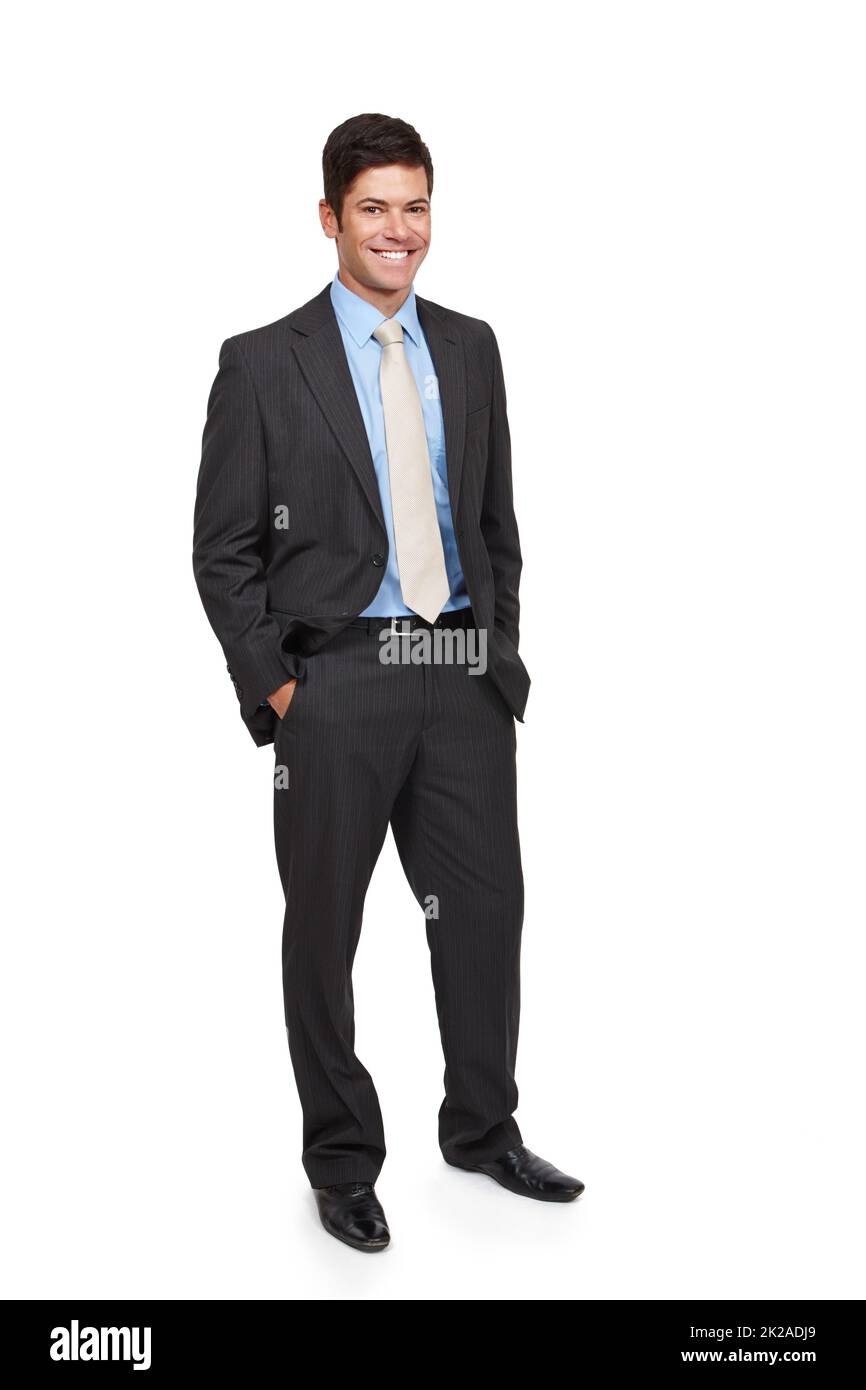 Hes a dapper Gentleman. Ganzjähriges Studioporträt eines Geschäftsmannes in einem Anzug vor weißem Hintergrund. Stockfoto