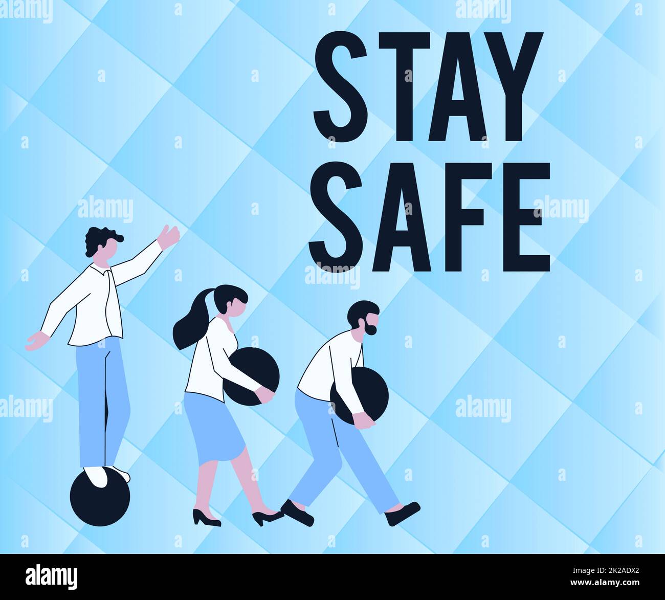 Textzeichen mit der Aufschrift „Stay Safe“. Geschäftskonzept vor Gefahr, Schaden oder Ort geschützt Artikel Illustration der Gruppe bringt ihre eigene Schwerkugel zusammen. Stockfoto