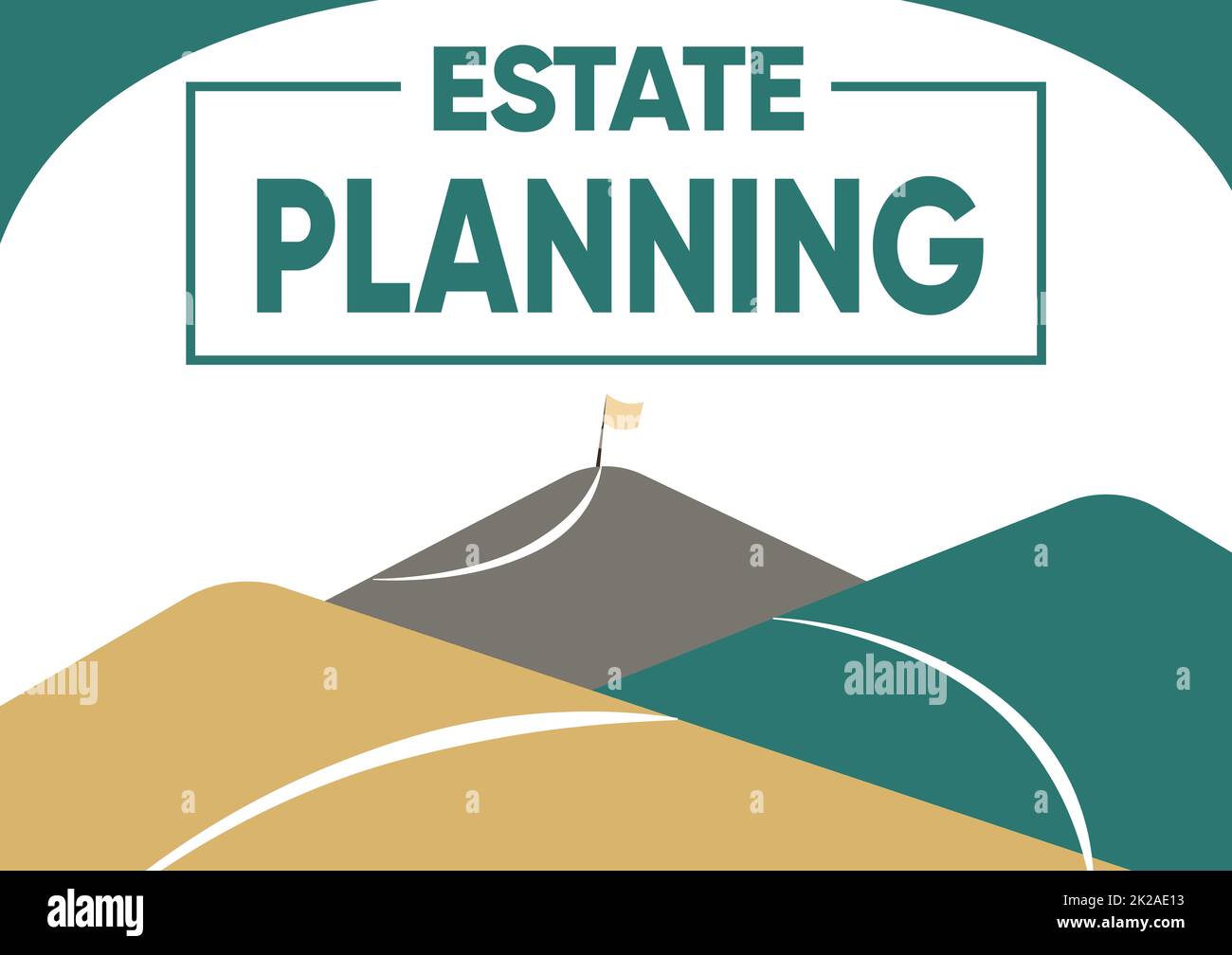 Konzeptionelle Darstellung Estate Planning. Internetkonzept die Verwaltung und Veräußerung dieser Person ist Estate Mountain Range Drawing mit Road führt zu Raised Flag At Top. Stockfoto