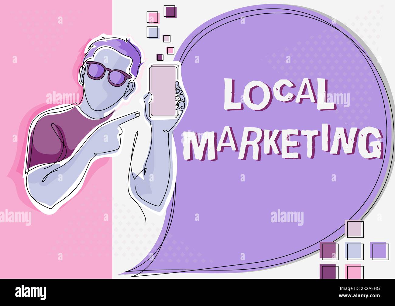 Inspiration mit Zeichen für lokales Marketing. Word für Zielgruppe in einer feingranulierten Community Line Drawing für Guy Holding Phone präsentiert neue Ideen mit Speech Bubble. Stockfoto