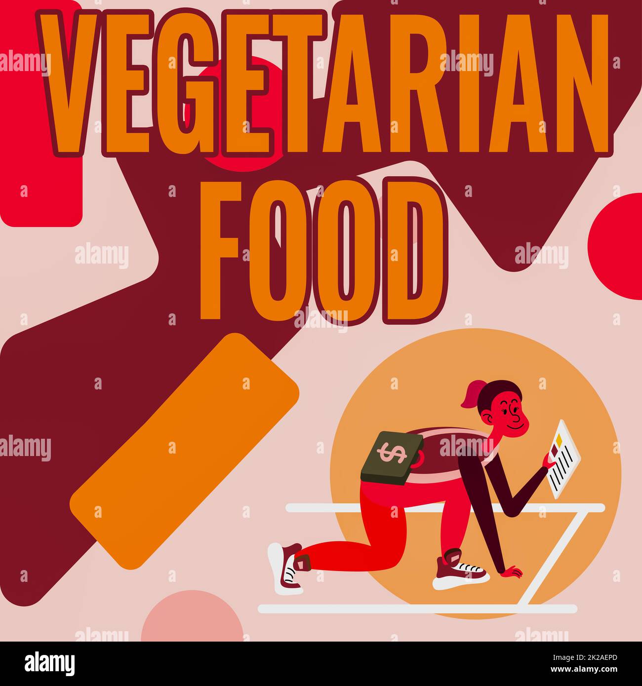 Textunterschrift mit vegetarischem Essen. Das Wort für Küche bezieht sich auf Lebensmittel, die vegetarischen Standards entsprechen Frau mit Aktentasche liest Zeitungen, die sich auf die Investition vorbereiten. Stockfoto