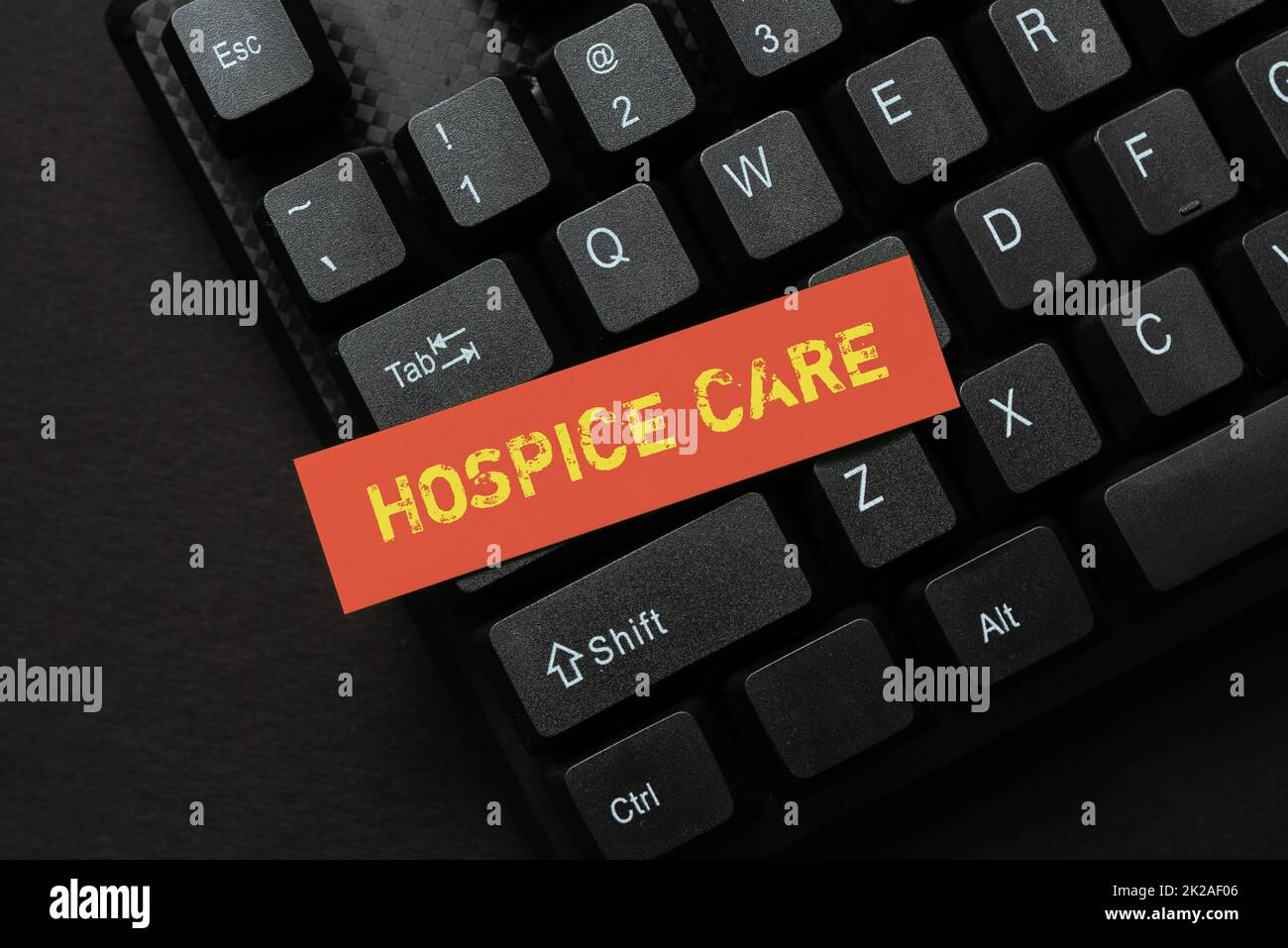 Textüberschrift Hospice Care präsentieren. Der Geschäftsansatz konzentriert sich auf die Palliation eines todkranken Patienten: Schmerzen Alte Arbeitsblattdaten erneut eingeben, Kurzbeschreibung Online-Reservierungslisten eingeben Stockfoto